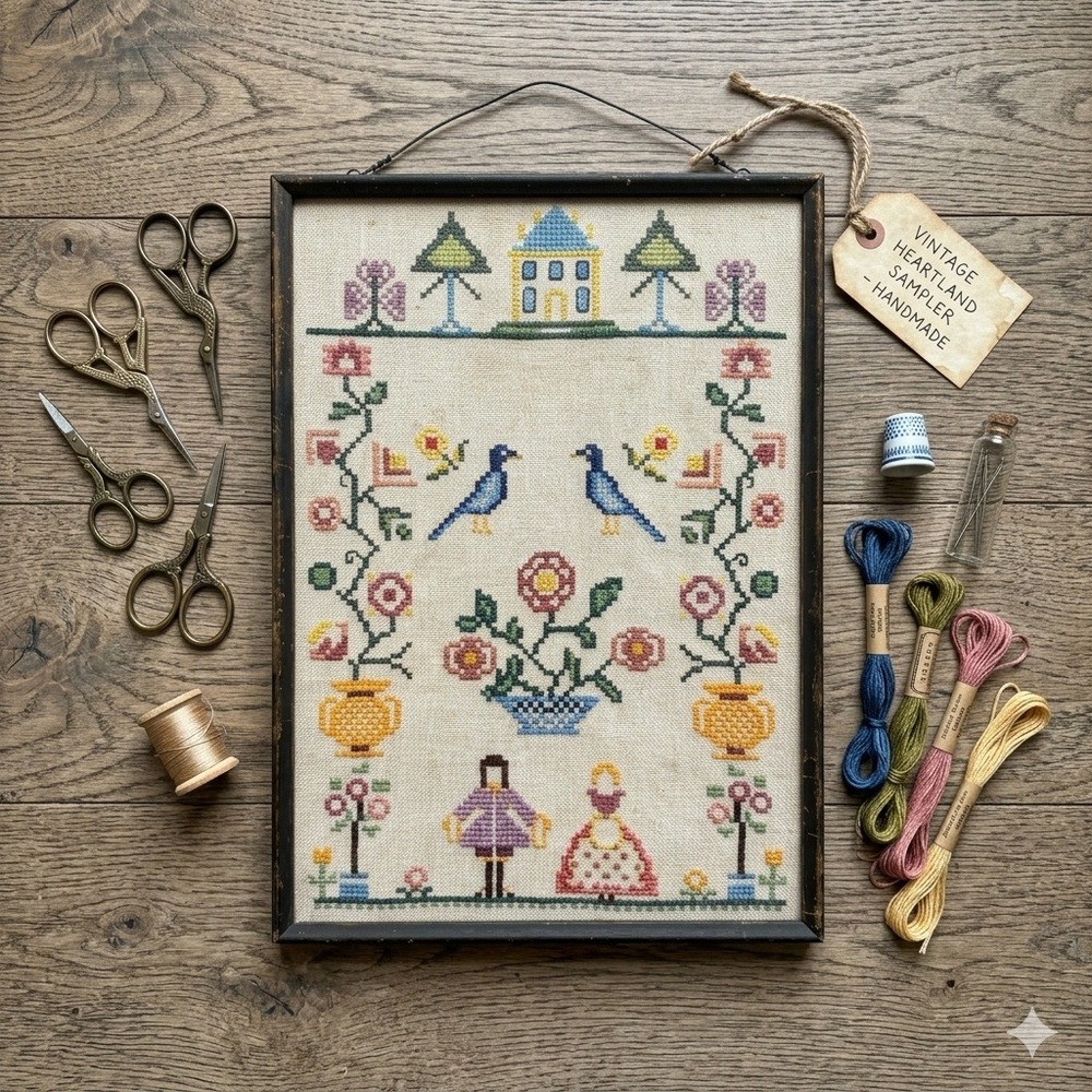 Handmade Cross Stitch Sampler Colonial Folk Art Bird House Flowers Vintage 18x13